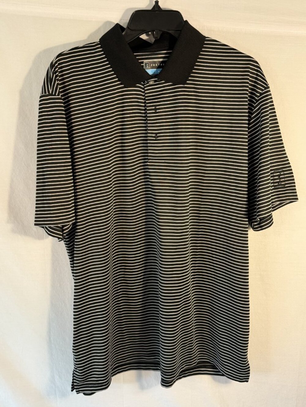PGA Tour Mens XL Golf Polo Shirt Black White Striped Performance Short Sleeve